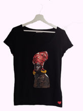 Hand-painted Black Queen red headwrap T-shirt  – bold red head wrap and vivid colors on black background

