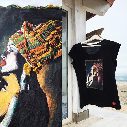 Black Elegance Queen on T-shirt - Afro  Black  Painted 3d - Art on T-shirt - QuorArtisticTshirts