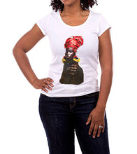 Artistic T-shirt featuring a Black Queen with red head wrap, worn – vibrant design on white fabric