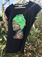 AFRO BLACK QUEEN T-shirt green head wrap PAINTED 3d - QuorArtisticTshirts