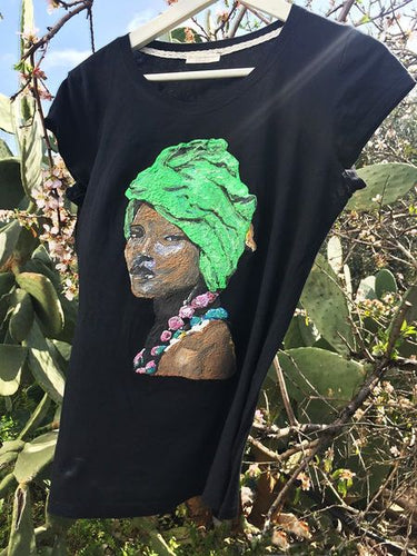 AFRO BLACK QUEEN T-shirt green head wrap PAINTED 3d - QuorArtisticTshirts