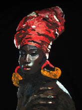 Zoom on painted face and head wrap – vibrant, textured wearable art on fabric