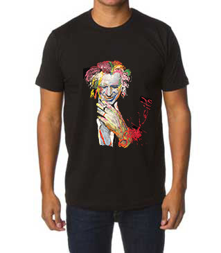 Black T-shirt with colorful hand-painted portrait of Keith Richards worn by male model – bold and artistic look