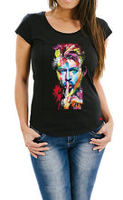 Worn black T-shirt showcasing a vivid and textured 3D painted David Bowie design – artistic and eye-catching


